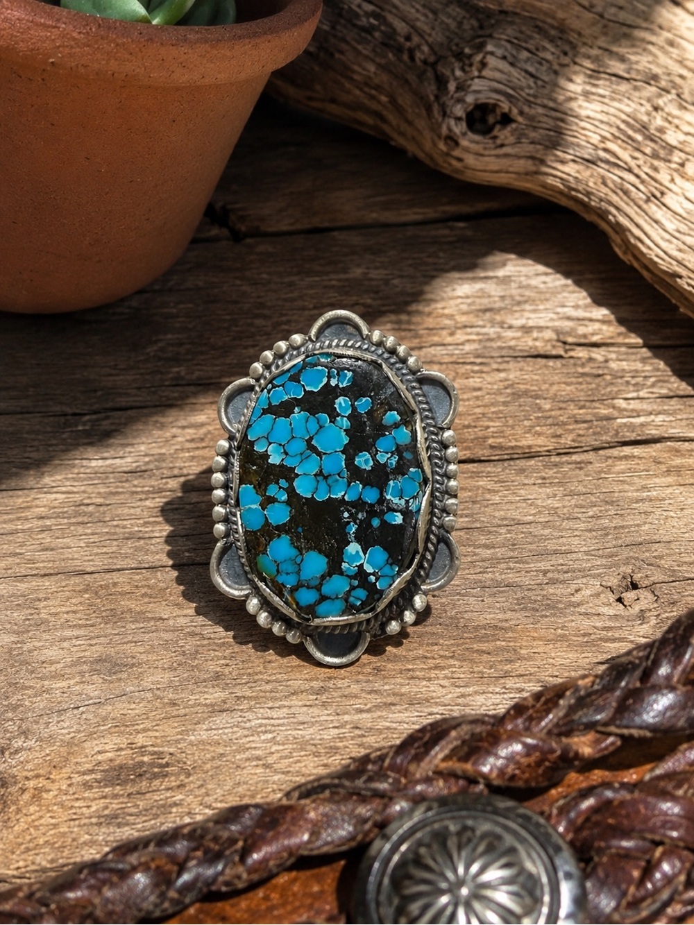 New Sterling Silver 925 Spiderweb Turquoise Adjustable Statement Ring 1” x 1.5”